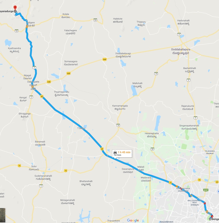 Route Map from Bangalore to Devarayanadurga